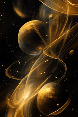 Abstract design of celestial bodies, with a gold and black color scheme, featuring smooth curves and lines, creating an elegant composition, set against a dark background. Generative AI