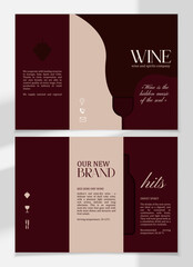 Burgundy and beige illustrated tri-fold brochure for a wine store. Brochure design template.