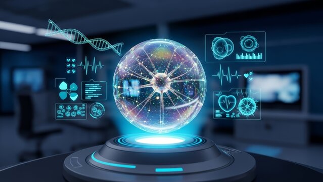 Digital hologram of a biological cell with DNA helix and medical data interface in a futuristic science laboratory - Powered by Adobe