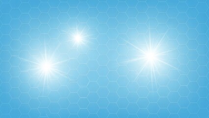 Abstract Light Blue Background with White Hexagonal Grid and Glowing Lens Flares