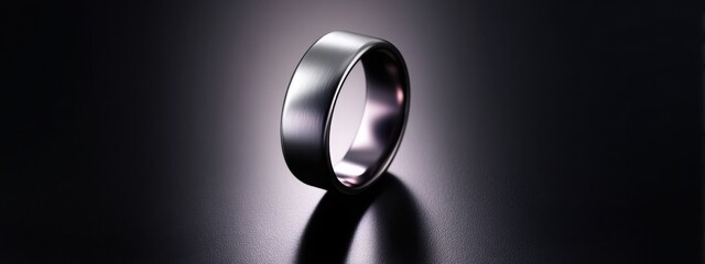 Single minimalist smart ring with polished metal finish, soft studio lighting, dark to light gradient background, wearable technology luxury concept