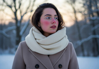 Elegant woman in a cream modest wool coat and knit scarf with cold girl makeup in winter.