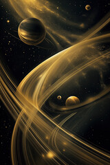 Abstract design of celestial bodies, with a gold and black color scheme, featuring smooth curves and lines, creating an elegant composition, set against a dark background. Generative AI