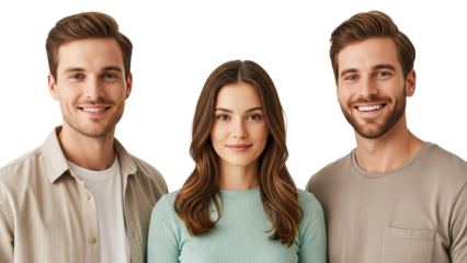 Three young adults smiling at camera on black background isolated on white transparent png background download 2