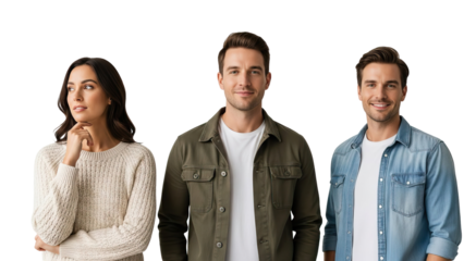 Three young adults standing together against black background isolated on white transparent png background download