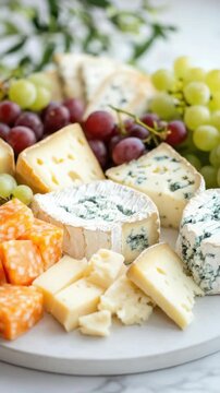 A white plate with a variety of cheeses and grapes