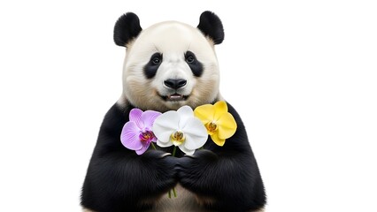 Cute panda bear holding a beautiful bouquet of colorful orchid flowers against a clean white background, looking gentle and friendly for a special occasion
