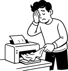 Black and white line art illustration of office printer paper jam problem suitable for workplace concept