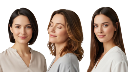 Three young women in white tops on black background isolated on white transparent png background download