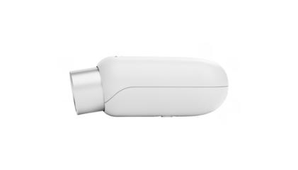 Side profile of a sleek inhaler placed on white backdrop showcasing its pilllike shape and minimalistic features for respiratory treatment.