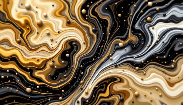 Abstract Fluid Art with Gold, Black, and White Swirls Featuring 3D Beads and Textured Patterns for Modern Decor