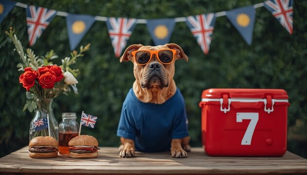 A dog wearing sunglasses and a blue shirt sits at a table with a red cooler, burgers, and flowers.