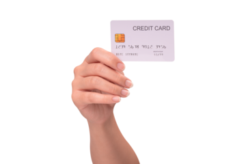 Hand holding a credit card isolated on transparent PNG. High resolution, high quality studio shot. Concept for technology, business, finance, advertising, E-commerce, Shopping and lifestyle themes.