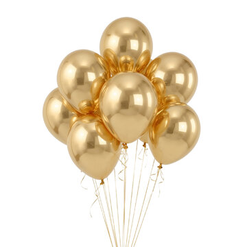 A bundle of shiny golden balloons, perfect for a festive occasion. Each balloon reflects light, creating a bright and celebratory atmosphere