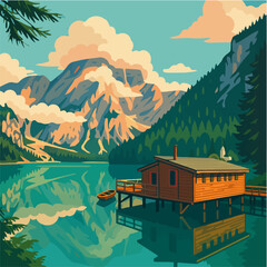 Colorful illustration of mountain lake with cabin suitable for nature travel and landscape vector design