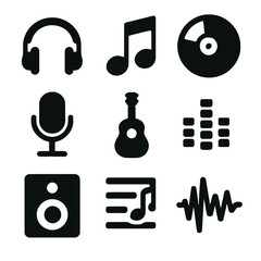 Ass Page Page of various black music icons including headphones a Page Page note a CD a microphone a guitar and sound Page Page Page Page on a white Page 