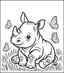 Animal coloring page for kids, Jungle animal rhino playing with butterflies in nature black outline vector illustration children activity book design