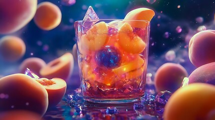 A surreal peach drink with glowing fruit pieces floating in a cosmic setting 