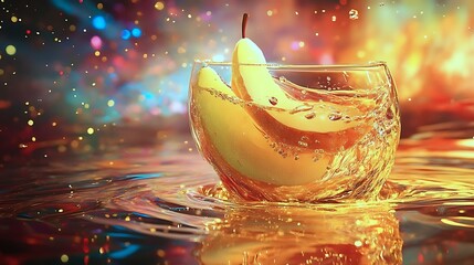 A surreal pear juice with glowing droplets suspended in a cosmic, swirling drink 