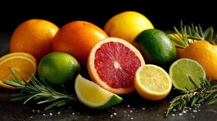 A vibrant collection of citrus fruits, including oranges, grapefruits, limes, and lemons, beautifully arranged with sprigs of herbs on a dark surface