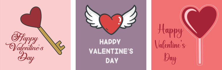 Happy Valentine's Day Greeting Cards with Heart Key Winged Heart and Lollipop Style Design Perfect for Valentine's Day Celebrations and Romantic Gestures