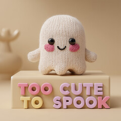 Soft knitted ghost plushie with smiling face and too cute to spook text in neutral pastel Halloween setting