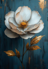 White flower with gold leaf paint, oil painting on canvas, textured background. Generative AI