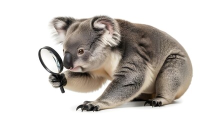 Curious koala holding a magnifying glass and intently examining a discovery, isolated on a clean white background.