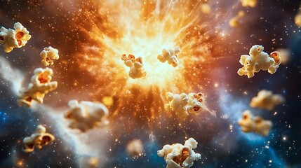 A surreal popcorn explosion with glowing kernels suspended in mid-air against a cosmic backdrop 