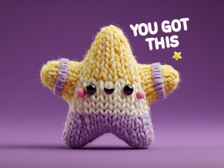 Cute knitted star plush with smiling face and you got this motivational quote on purple background