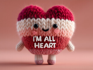 Knitted heart plush character with smiling face, tiny legs and I&rsquo;m all heart quote on soft pink background