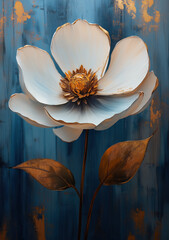 White flower with gold leaf paint, oil painting on canvas, textured background. Generative AI