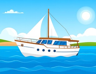 Fototapeta premium A cartoon sailboat cruising on blue water under a bright sun
