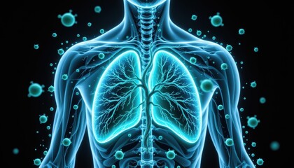 Detailed Illustration of Human Lungs in Radiant Blue with Surrounding Pathogens and Cells on Black Background