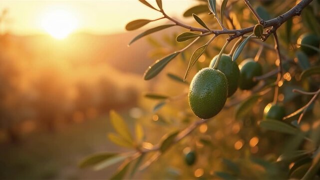 Ripe olives glisten in morning dew, nestled among gnarled branches and rustling leaves, as the sun rises over a serene Mediterranean olive grove landscape. 