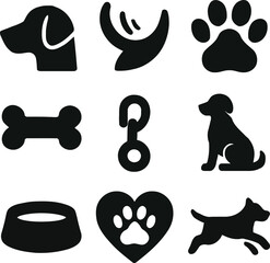 Collection of black pet icons including dogs and accessories on a white background