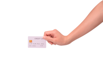 Hand holding a credit card isolated on transparent PNG. High resolution, high quality studio shot. Concept for technology, business, finance, advertising, E-commerce, Shopping and lifestyle themes.