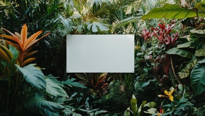 Tropical Foliage Displaying a Blank White Sign for Custom Messaging