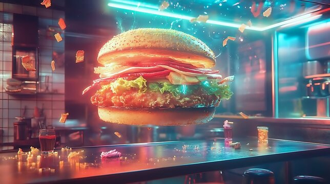 A surreal sandwich with glowing layers floating in a futuristic café  - Powered by Adobe