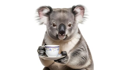 Adorable koala bear holding a delicate teacup and saucer, looking directly at the camera on a clean white background, charming studio shot.