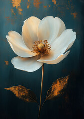White flower with gold leaf paint, oil painting on canvas, textured background. Generative AI