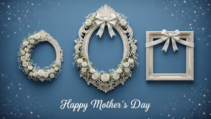 Elegant floral picture frames adorned with bows sit against a starry blue background celebrating mothers
