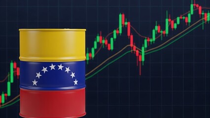 Venezuelan oil barrel with national flag colors on a dark background with rising stock market chart, candlestick graph, economic growth, financial trading graphics