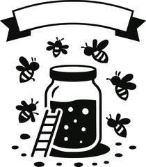A jar of honey surrounded by bees Page illustration in black and white