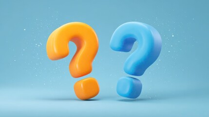 Two colorful question marks, one orange and one blue, stand side-by-side against a soft blue background. Fine sparkles add a subtle visual effect