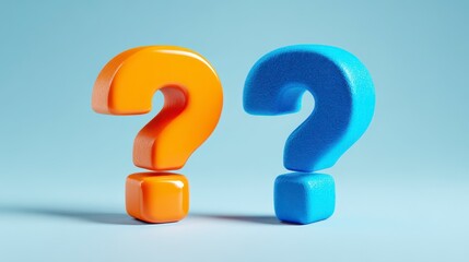 Rendered image featuring two vibrant 3D question marks, one orange and one blue, against a soft, light blue background