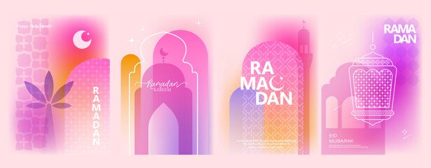 Ramadan Kareem colorful cards, backgrounds, compositions. Islam design elements. Mosque, moon, stars, palms, lanterns. Holy month greetings. 