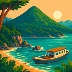Colorful illustration of island coast with traditional boat suitable for seaside travel vector design