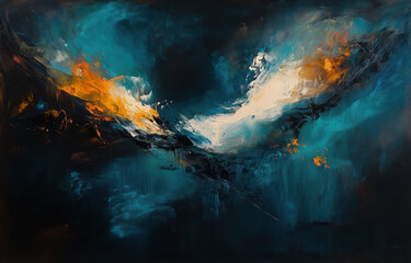 Abstract painting with dark turquoise and brown colors, dramatic lighting, windblown brush strokes, palette knife style, sharp edges, dark background. Generative AI