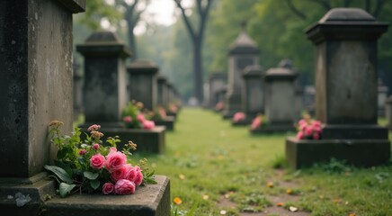 Obraz premium Many pink flowers in the middle of a cemetery
